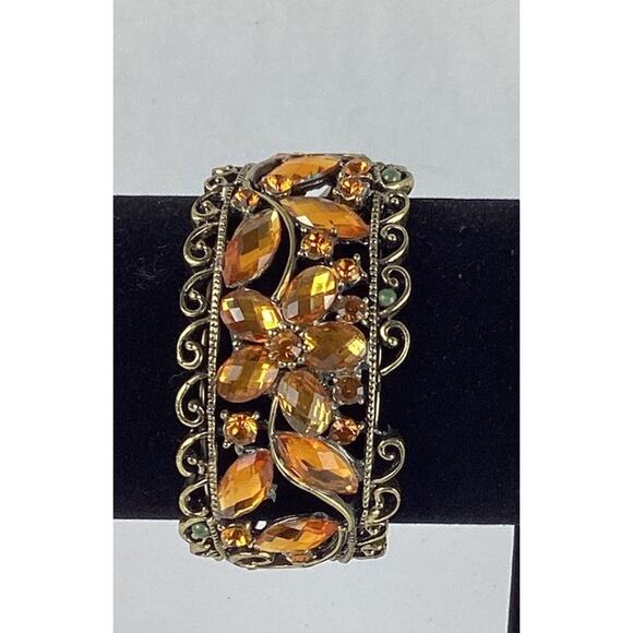 VTG Ornate Amber Topaz Cuff Bracelet Bronze Tone Floral Wide Beads & Rhinestones - Picture 1 of 4